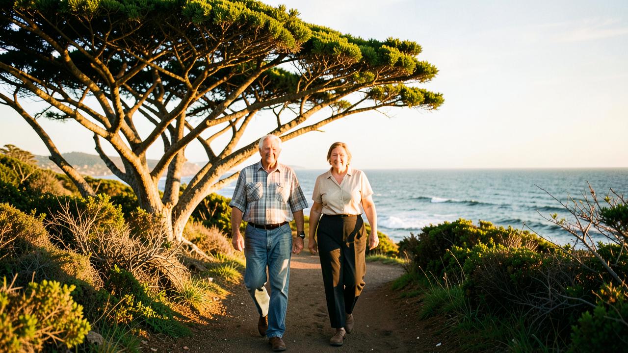 An older New Zealand couple walking a coastal path