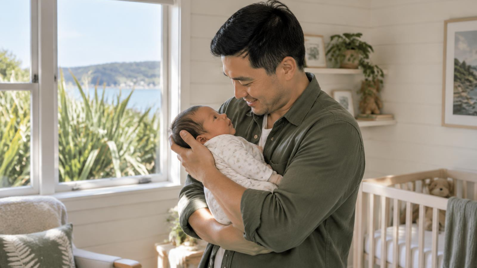 A New Zealand family with two young children reading together on the deck of a weatherboard home, thinking about family health insurance in NZ