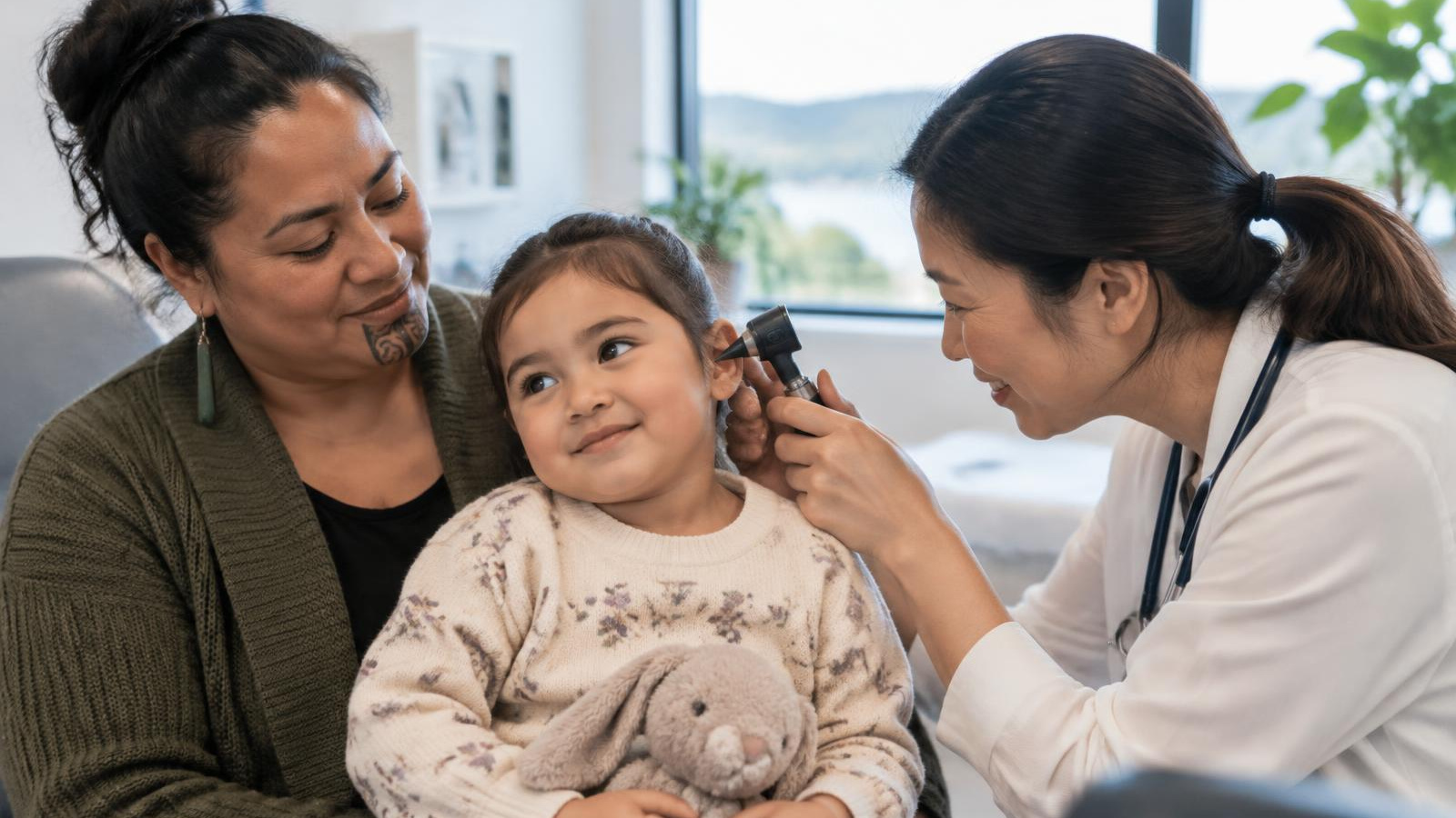 A New Zealand mum and young son at a GP clinic waiting room in a small town, a common moment for child health insurance in NZ