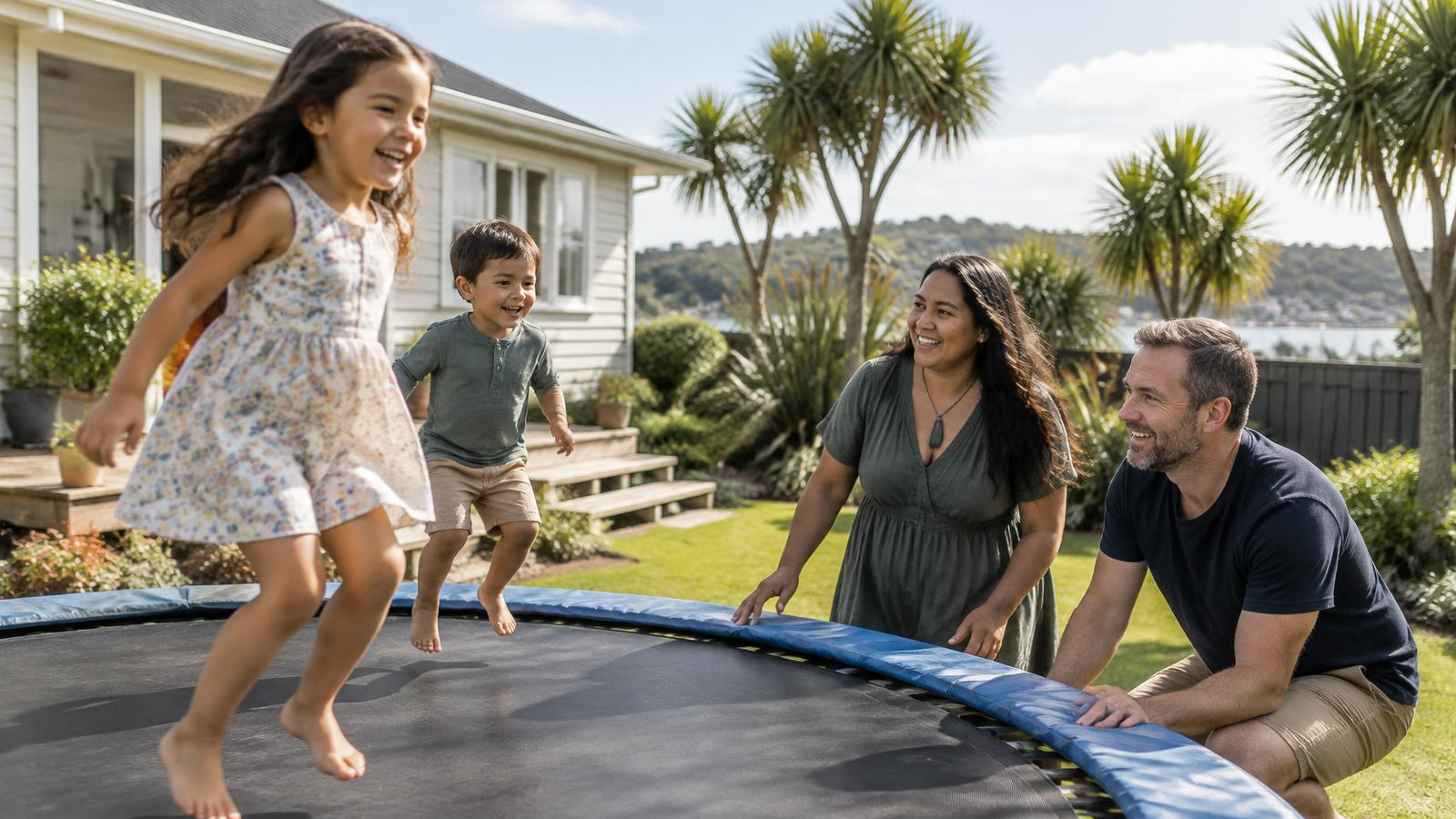 A New Zealand family with young children in the garden of a weatherboard home, thinking about health insurance for kids in NZ