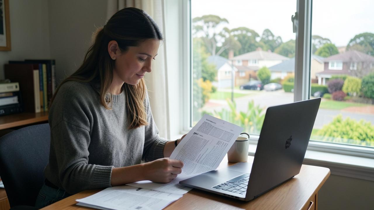 A woman comparing home loan documents at a desk at home