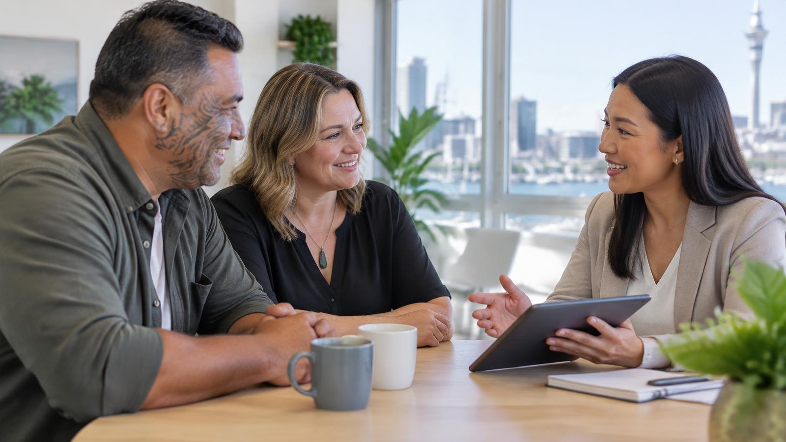 New Zealand insurance adviser explaining health insurance premiums in NZ to a client at a timber table in a bright office