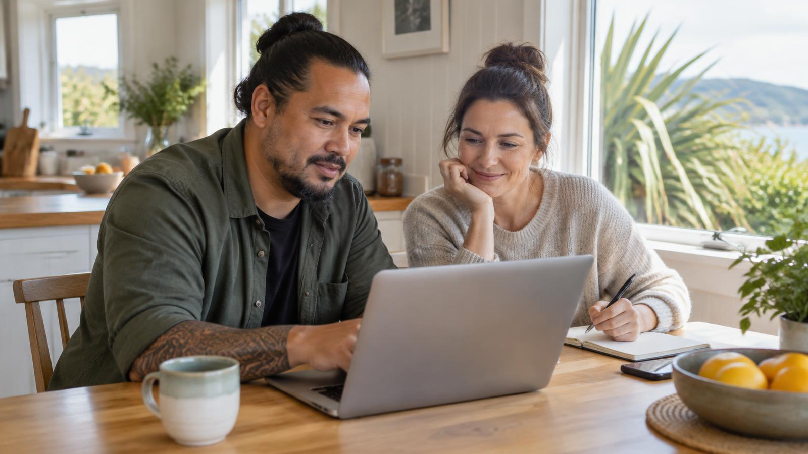 New Zealand couple reviewing how much health insurance costs in NZ on a laptop at home