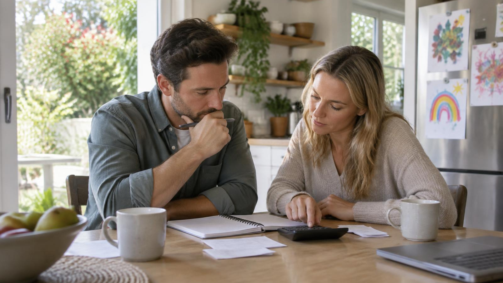 A New Zealand couple at a kitchen table in a weatherboard home working out how much life insurance they need with a notepad and laptop