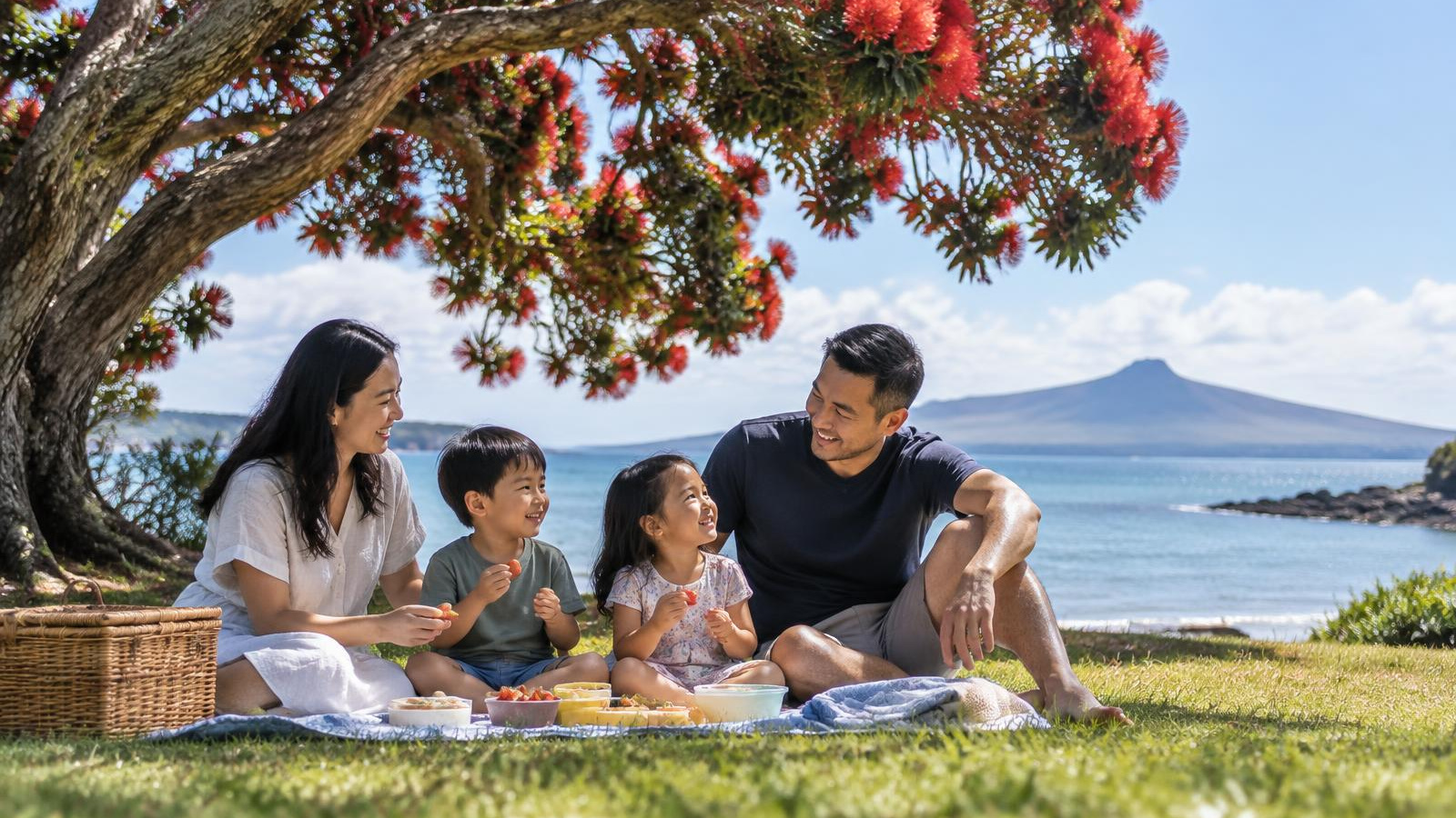 A Kiwi family walking on a beach at sunset, illustrating why parents review how much life cover they need as children grow
