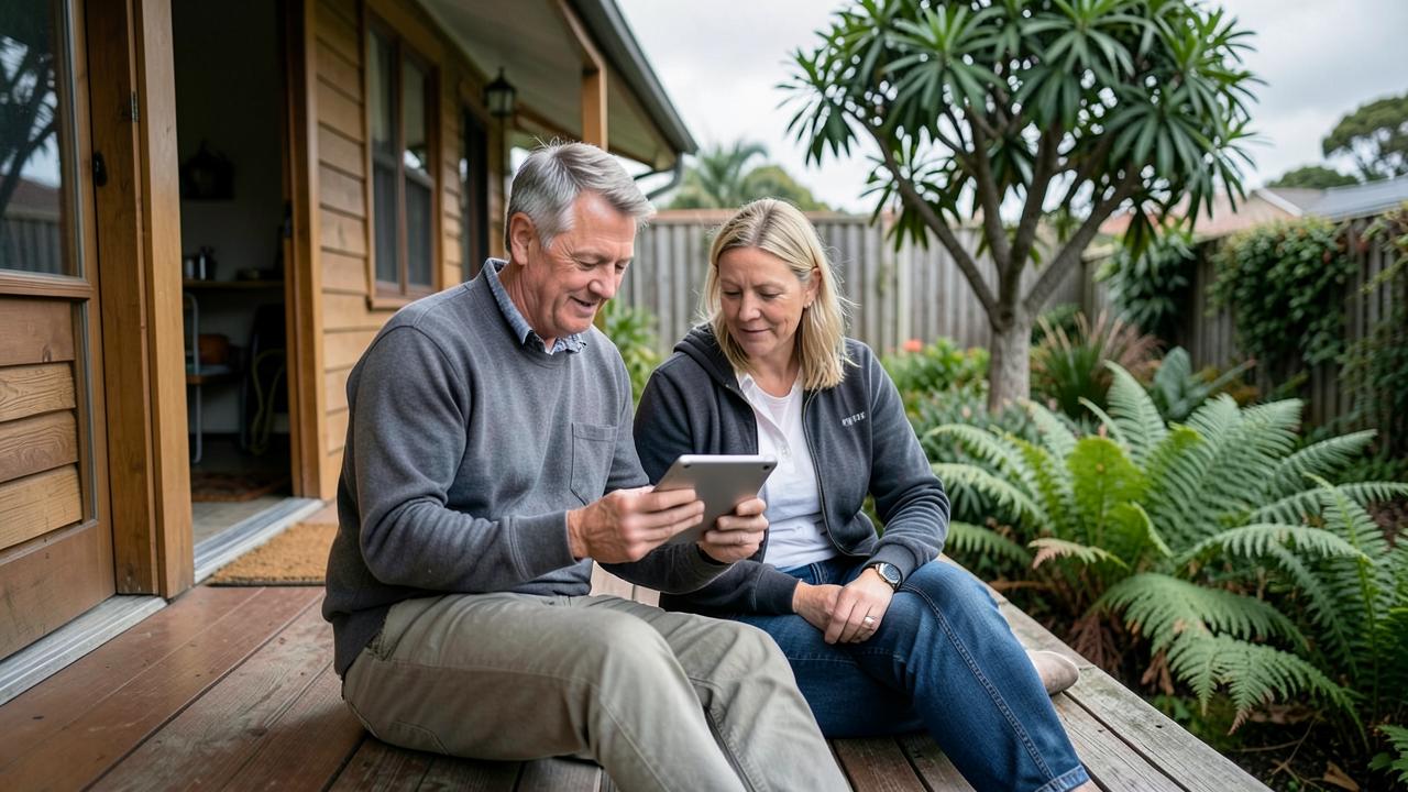 A New Zealand couple reviewing their KiwiSaver on a tablet at home