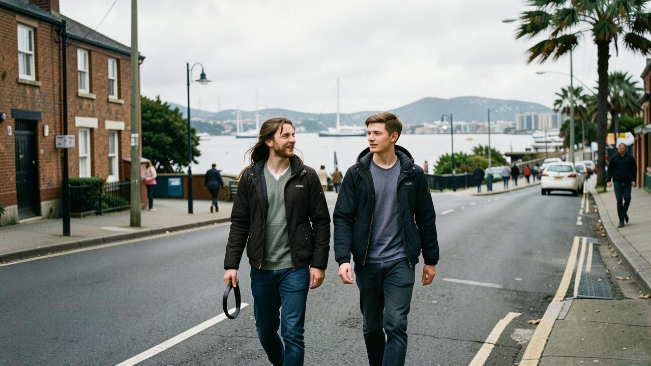 Two young professionals walking an Auckland street by the harbour