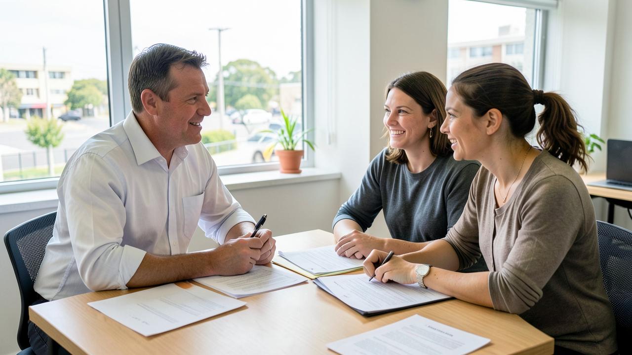 A mortgage adviser meeting with a couple in an Auckland office
