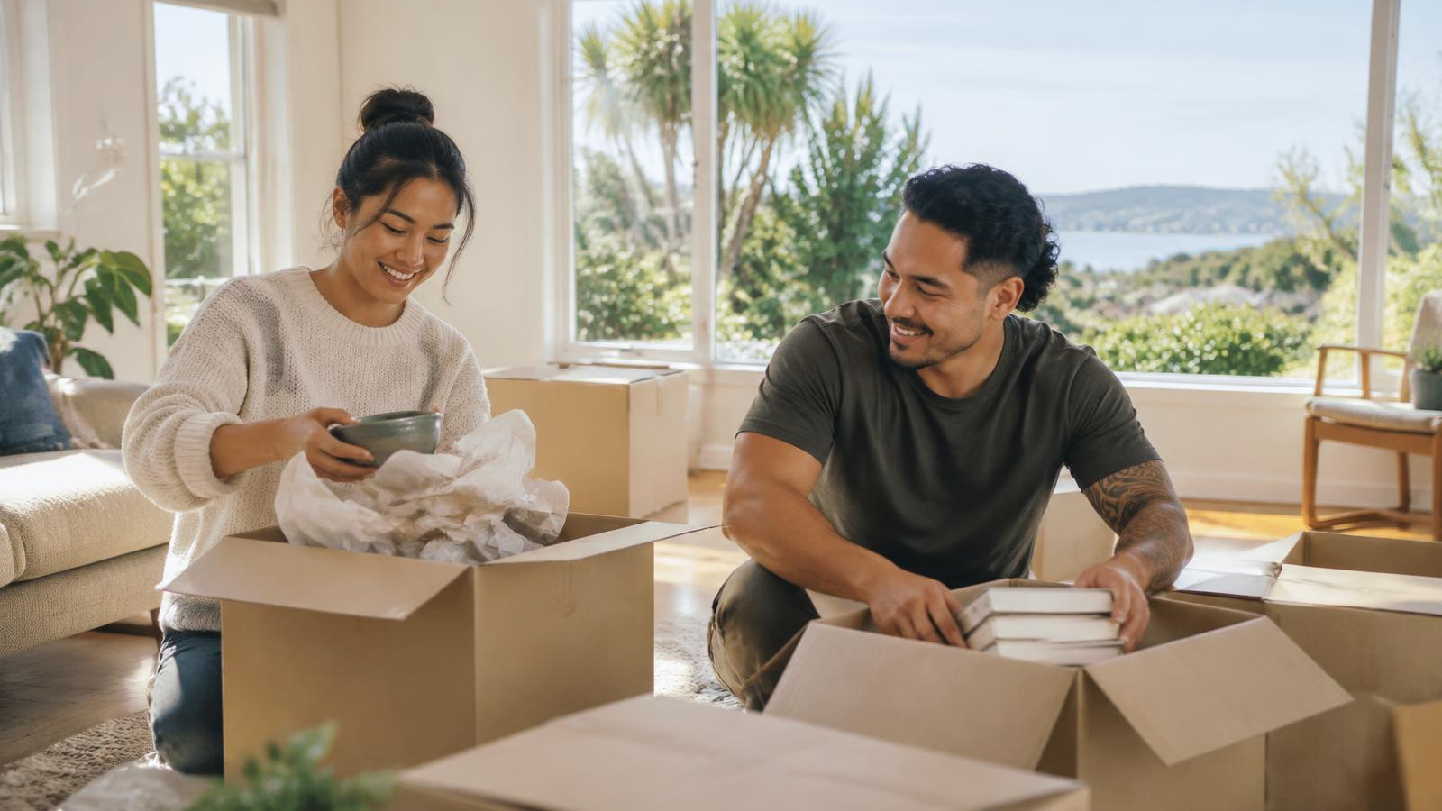 A young Kiwi couple holding keys outside their first weatherboard home, thinking about mortgage protection insurance in NZ