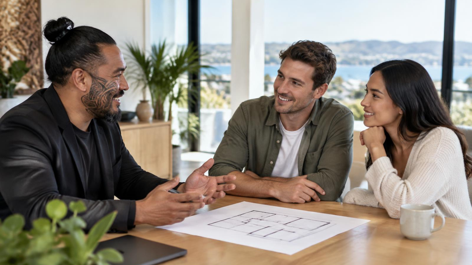 A New Zealand mortgage and insurance adviser talking first home buyers through mortgage repayment cover options at a timber table