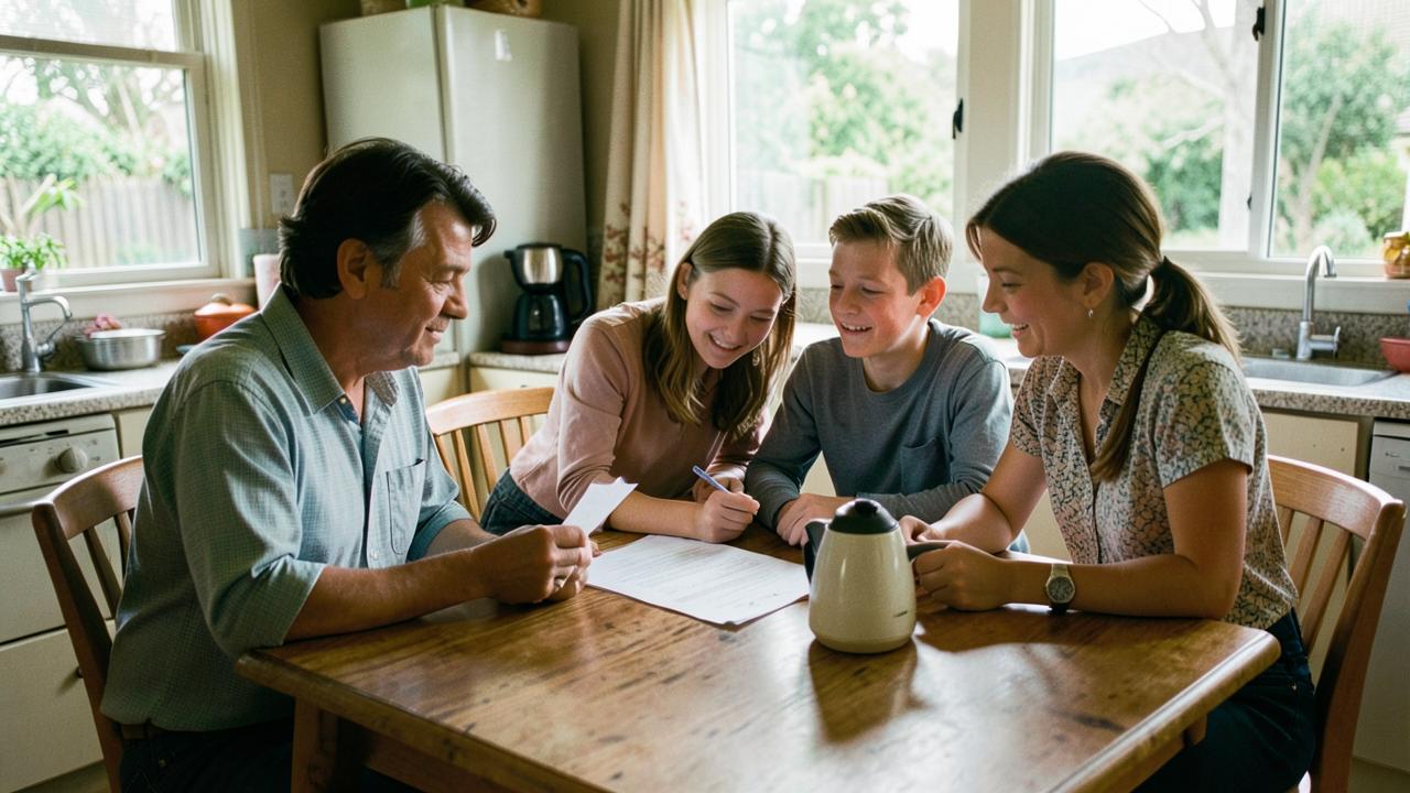 A New Zealand family reviewing home loan paperwork at the kitchen table