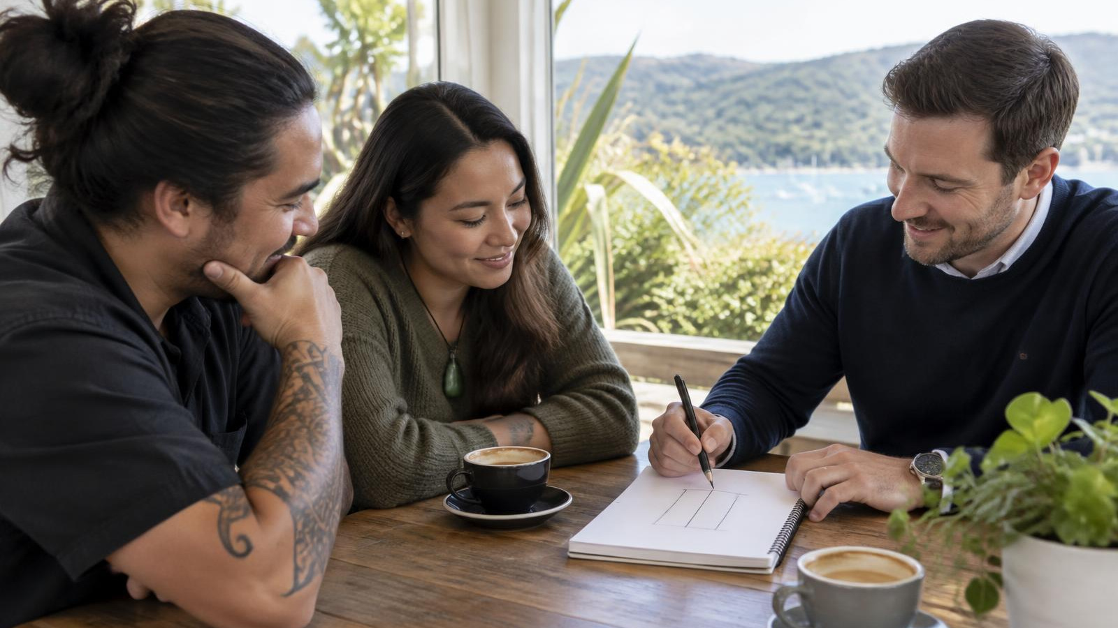 New Zealand tradie in his 40s talking with an adviser about income protection or trauma insurance in a bright Auckland office