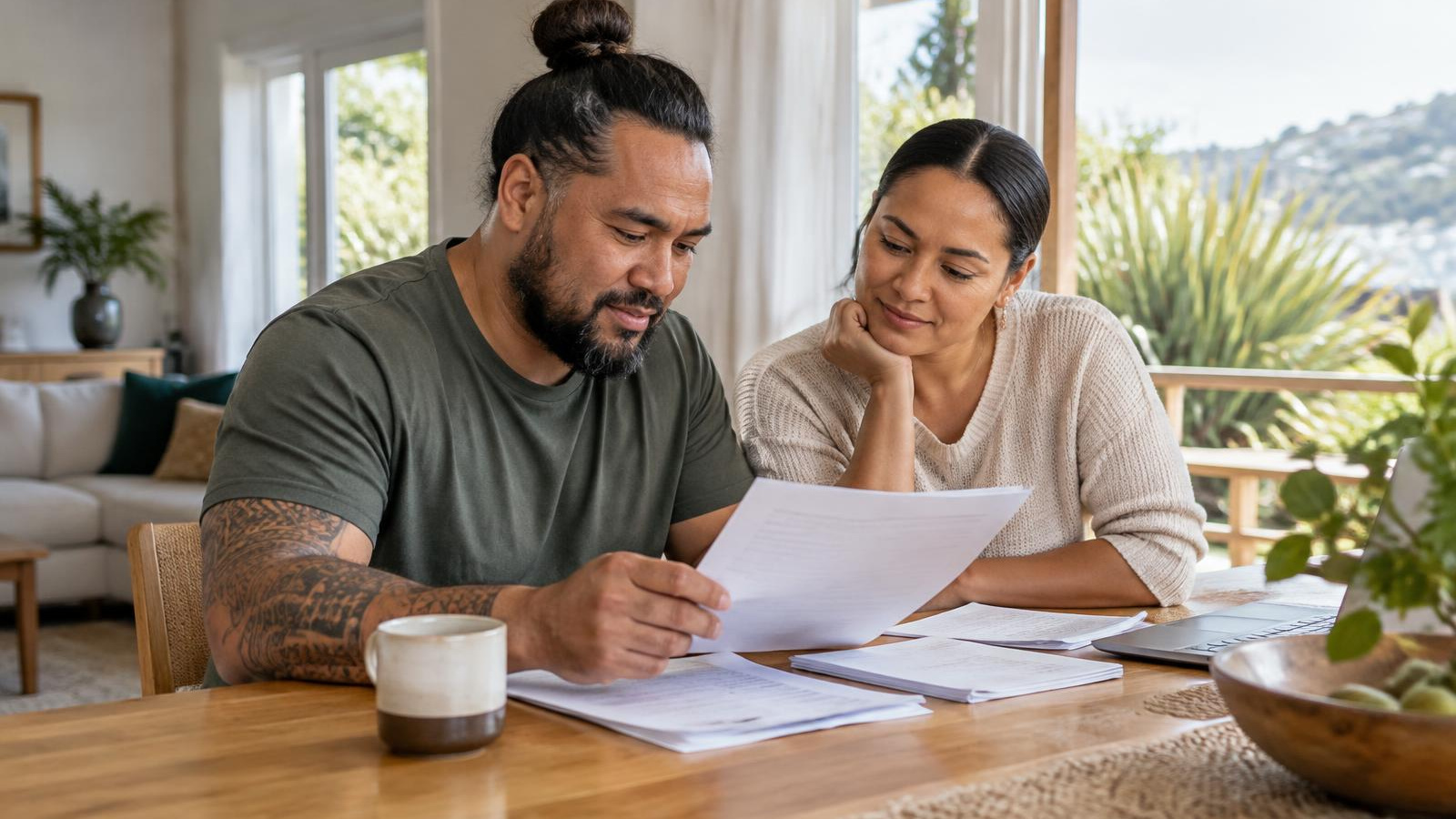 New Zealand couple reviewing trauma insurance options with an adviser at a timber table in a bright Auckland office